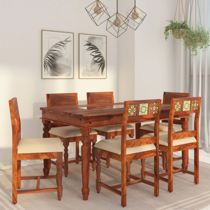 6-Seater Dining Table Set with Cushioned Chairs (Maple Finish)