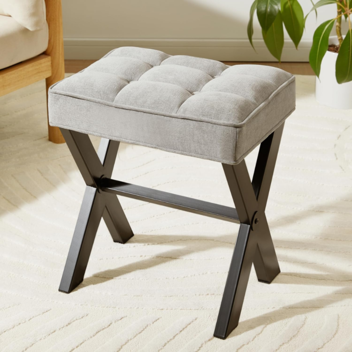 Beautiful, Bathroom can Benefit from This Padded Piano Stool, Square Foot Stool, Ottoman Foot Rest, and Metal X-Legs. (Grey)