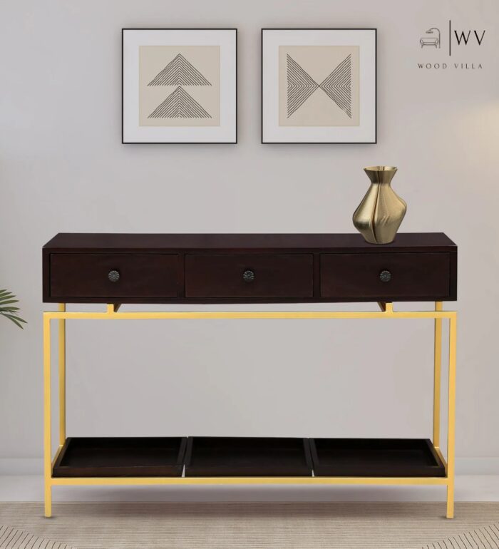 Wood Console Table In Brown & Gold Finish