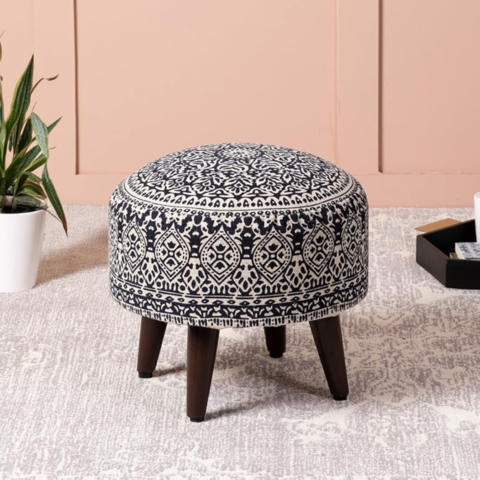 Wooden Round Footrest Sitting Stool for Living Room |14 inches in Height |Printed Blue Ottoman for Bedroom