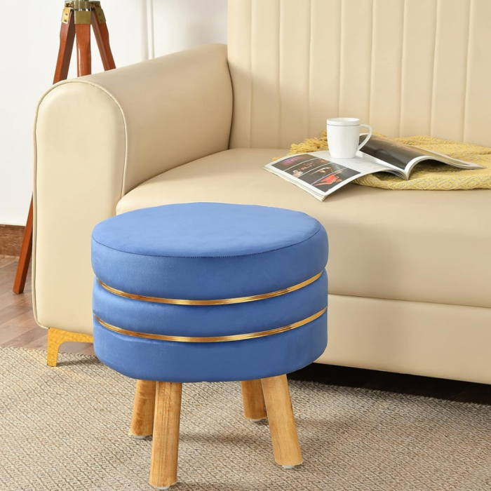 Ottoman Stool for Sitting & Footrest (16 Inches) for Living Room, Balcony, Bedroom, Pouffe Footstool | Puffy Foam Wooden Leg Foot Stool | Furniture for Home Decor | Vanity Pouf Stool, Blue