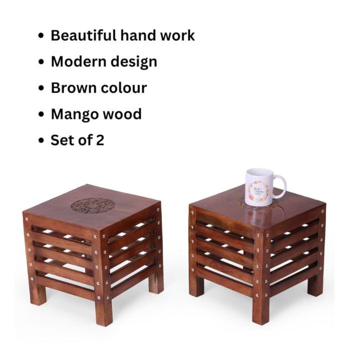 Wooden Beautiful Handmade Stool For Sitting Living Room, Office, Pooja, Balcony Decor, Home Furniture Small Table Stool (2), Brown - Image 4