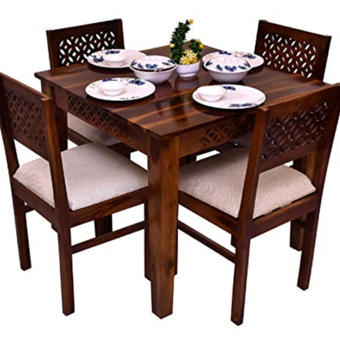 Furniture Solid Wood Square 4 Seater Dining Table Set ( Finish Color:- Honey Finish With Cream Cushions )