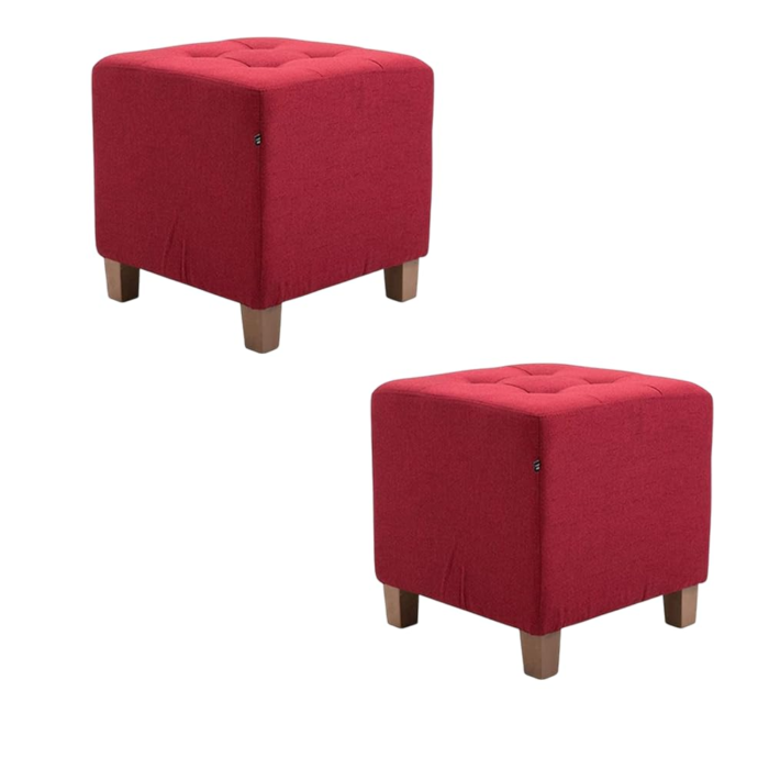 Square Ottoman Stool,Wood Stool Suitable for Bedroom, Living Room and Kitchen,Button Tufted Woven Square Storage Ottoman for Living Room & Bedroom | Set of 2 (Red) - Image 2