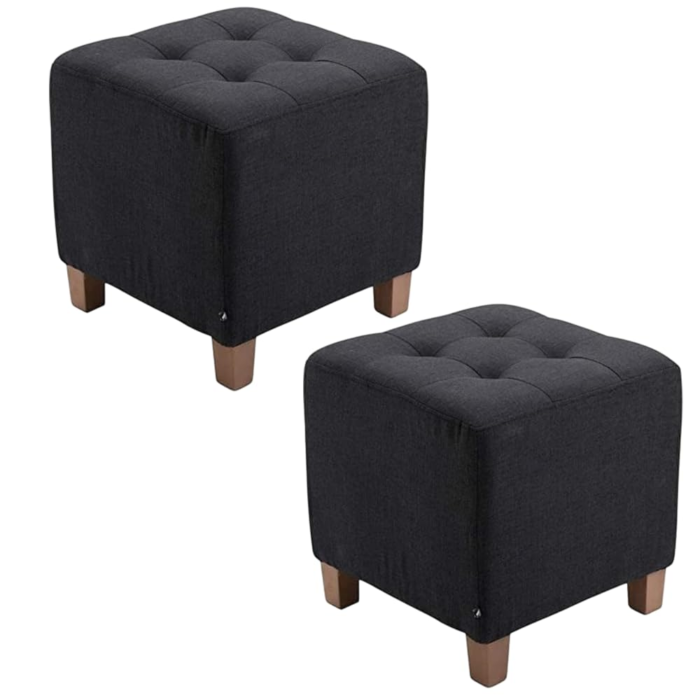 Wooden Square Ottoman Stool,Wood Stool Suitable for Bedroom, Living Room and Kitchen,Button Tufted Woven Square Storage Ottoman for Living Room & Bedroom | Set of 2 (Black)