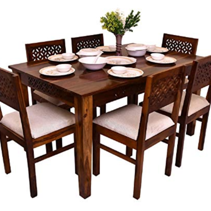 Furniture Solid Wood Rectangle 6 Seater Dining Table Set ( Finish Color:- Honey Finish )